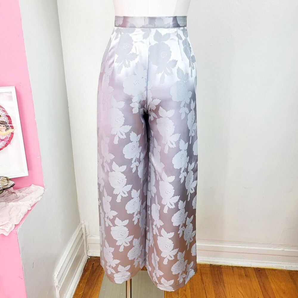 Vintage 80s Norma Kamali Silver Floral Brocade Wide Leg Pants - Picture 2 of 7